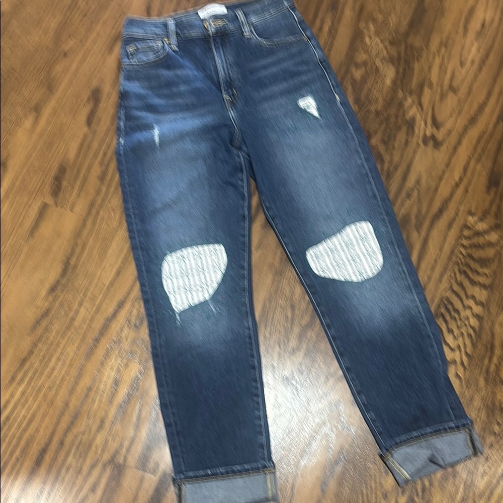 Distressed Blue Jeans with owl Sashiko Patchwork